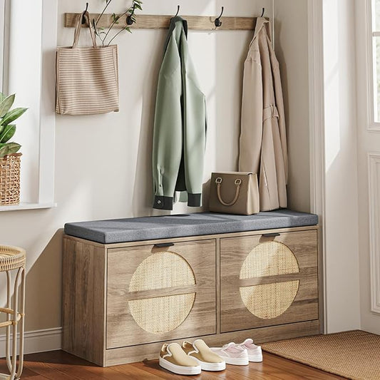 Rattan Storage Bench with Cushion &amp; Coat Rack, Shoe Rack with 2 Flip Drawers, Narrow Shoe Storage Cabinet, Shoe Bench for Entryway, Living Room, Rustic Oak, Round