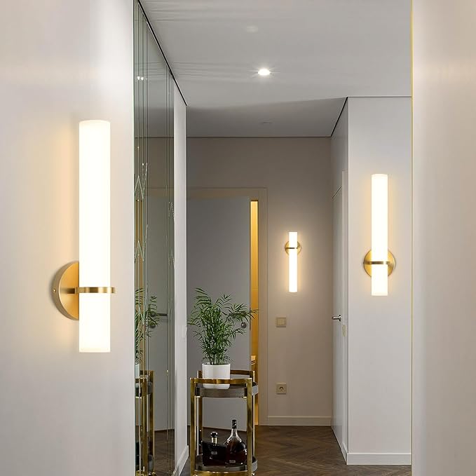 16W LED Dimming Wall Sconces 2 Packs, 3000K Warm Lights Dimmable, White Lampshade Bathroom Vanity Lighting Wall Light Fixtures for Bedroom Dining Living Hallway, Antique Gold