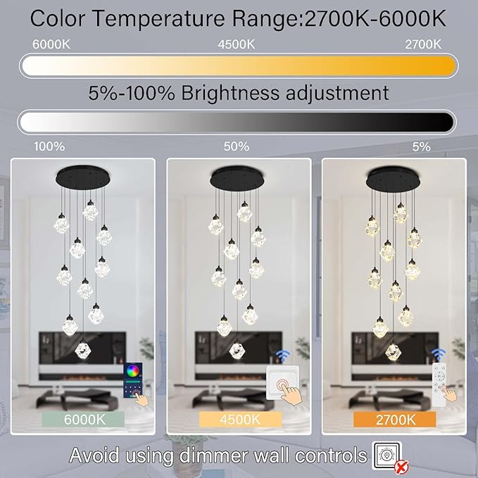 10-Light Chandelier Staircase Chandeliers for High Ceilings Crystal Chandeliers for Living Room Black Pendant Light Dimmable LED Hanging Light with Remote