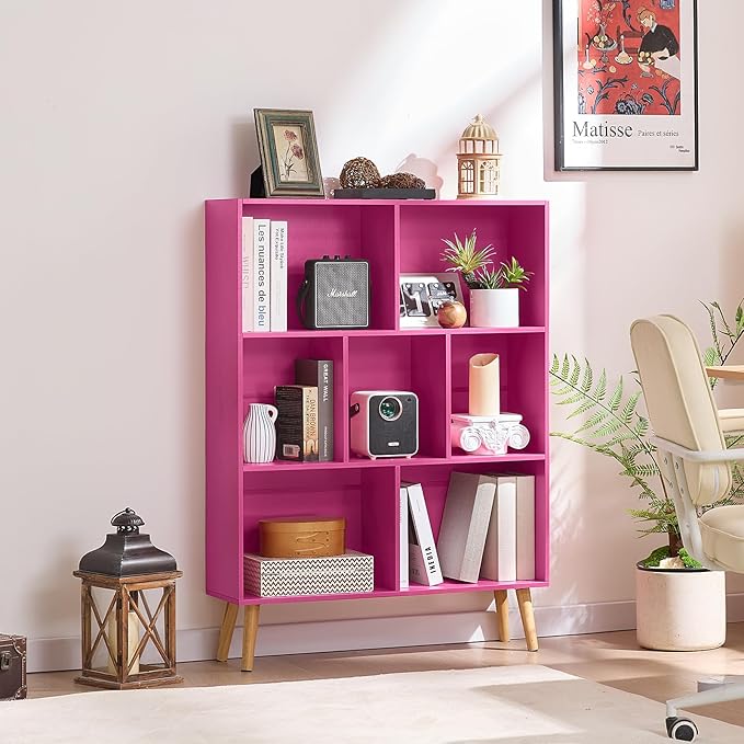 LEYAOYAO 7 Cube Bookshelf,3 Tier Book Shelf with Legs,Pink Modern Bookshelf,Large Freestanding Open Toy Modern Bookshelf,Display Bookcases Decor Furniture for Nursery