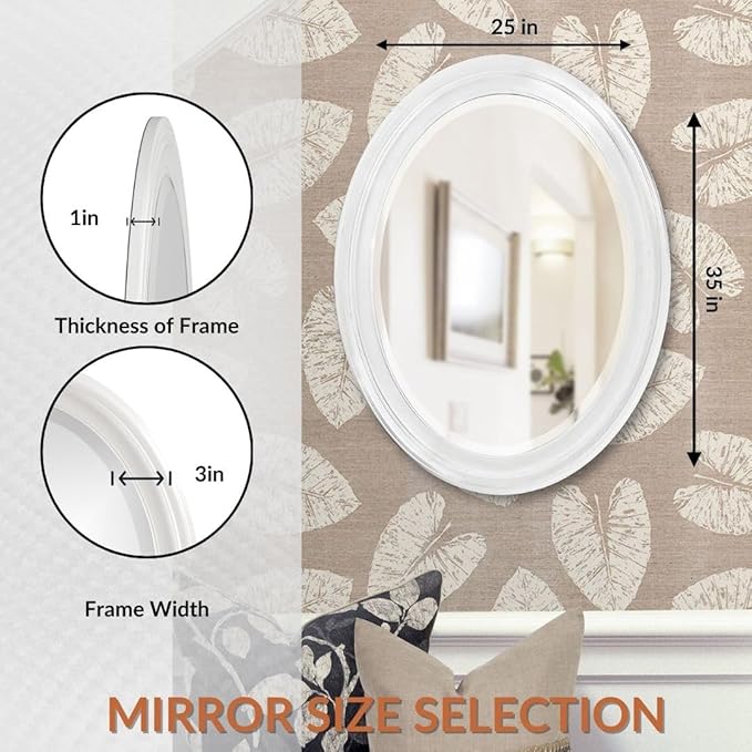 Howard Elliott George Oval Matte White Wall Mirror, Oval Bevelled Hanging Wood Framed Vanity Mirrors for Home Decor, Living Room, Bathroom, Bedroom, or Hallway, 25 x 33 Inch