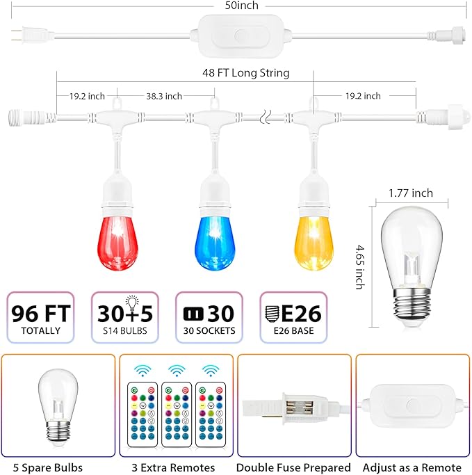 Mlambert 96Ft(2x48ft) Outdoor Patio Lights, RGB Cafe String Lights with Remote Control and 30+5 Dimmable LED Bulbs for Backyard Graden-White 2 Pack