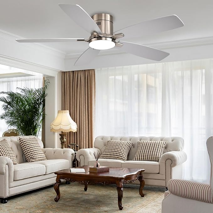 52 Inch Low Profile Ceiling Fans with Lights and Remote, Flush Mount Modern Ceiling Fan, 3CCT Dimmable DC Ceiling Fan for Bedroom, Living Room, Brushed Nickel