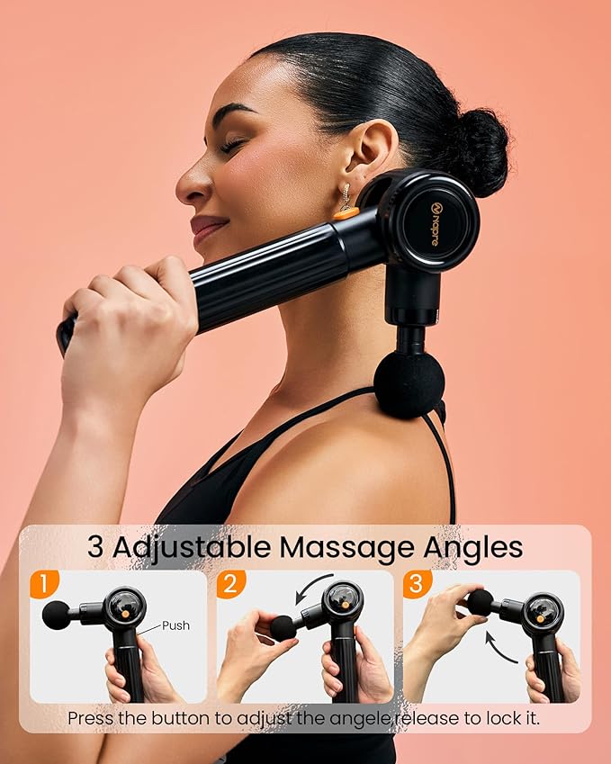 NAPRE Massage Gun with Extension Handle and 3 Adjustable Angles,Deep Tissue Back Massage for Neck/Shoulders/Waist/Legs/Body Pain Relief,Handheld Percussion Muscle Massager with Portable Case,Black