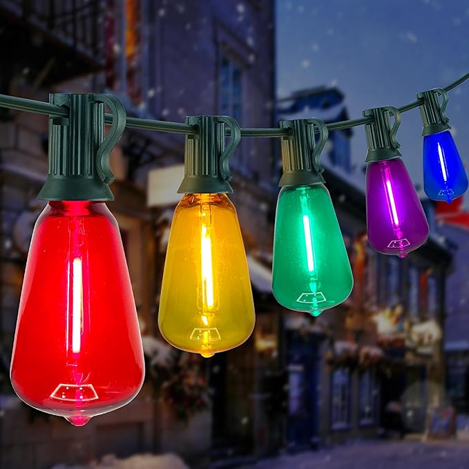 Abeja 50Ft ST38 Outdoor String Lights, Multicolor Patio Lights with 25+2 ST38 Edison Colorful Bulbs, LED Shatterproof Colorful String Lights for Outside Bistro Christmas Patio Party Decorations