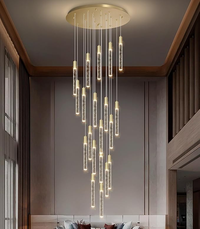 14.7 Foot High Ceiling Chandelier for Entryway Modern Crystal Lights for Living Room Foyer Flush Mount Sloping Ceiling Pendant Light Fixture Remote Dimmable 28-Lights Gold
