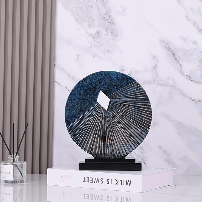 Blue home decor sculpture, unique round line statue, modern artist home decor, decorative panel statue for living room TV cabinet, coffee table, on the shelf, dining table center blue decoration