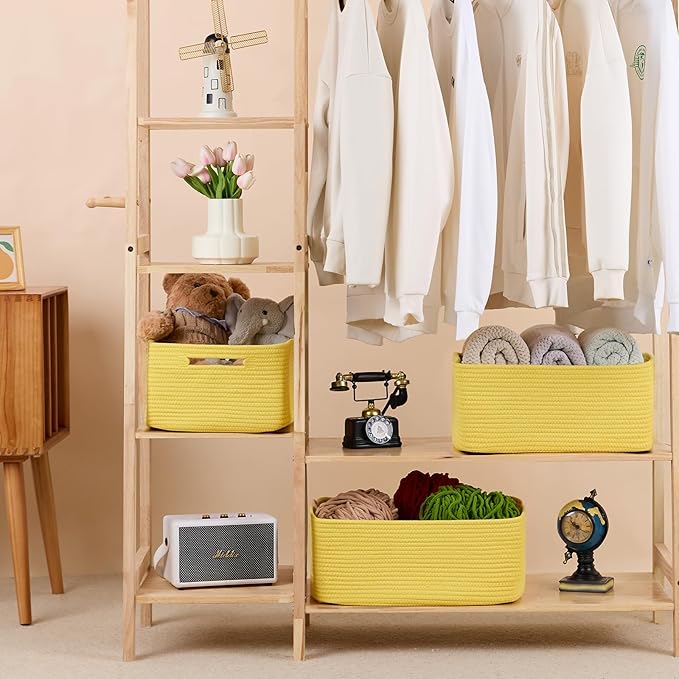 Large Storage Baskets for Shelves, Closet Organizers Bins for Clothes Blanket Towels, Baby Nursery, Toy Baskets Box, Woven Rope Baskets, 17 x 13 x 7.5”, 2 Packs Yellow