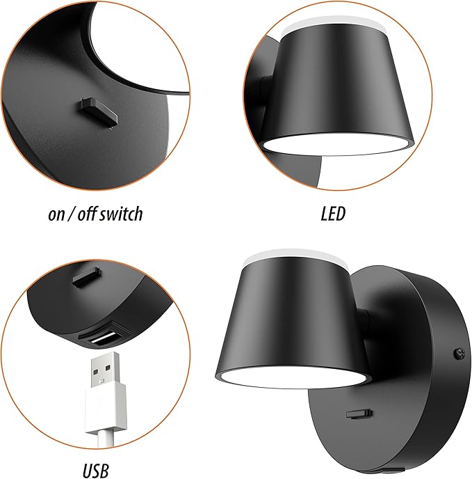 URSOLA Wall Light Set of Two, LED Wall Sconce with On/Off Switch USB Charging Port 110 Volt Hardwired Wall Lamp 350 Rotatable Up Down Sconces Wall Lighting (Black)