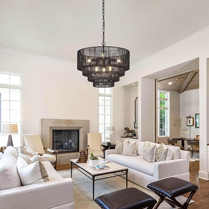 19.7" Hand-Woven Rattan Chandelier Vintage Farmhouse 6-Lights Boho Black Bamboo Chandeliers Light Fixture Retro Drum Wicker Rattan Chandelier for Dining Room, Kitchen Island, Bedroom, E12