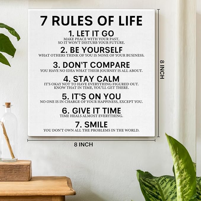 7 Rules of Life Motivational Wall Decor, Inspirational Quotes Wall Art for Office Classroom Gym Bedroom Home Decoration, Positive Affirmations Framed Canvas Posters Art Work Gift, 8 x 8 Inches
