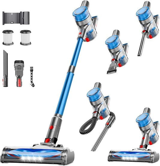 Cordless Vacuum Cleaner for Home, Powerful Stick Vacuum Cleaner with Rechargeable Battery, 6 in 1 Lightweight Handheld Vacuum, 45 Mins Runtime Cordless Vacuum for Hardfloor Carpets Pet Hair (Blue)