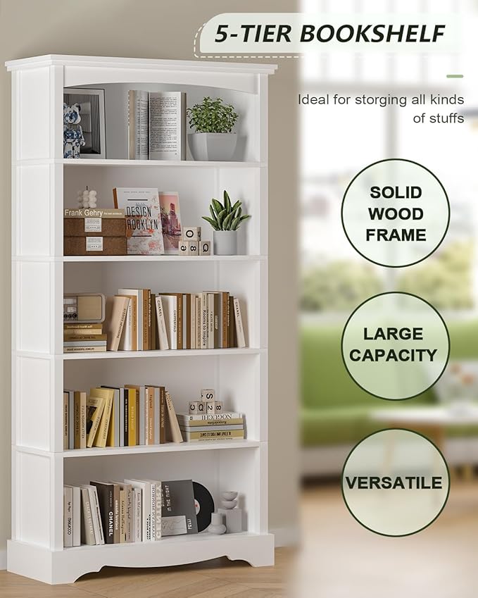TVU 5-Tier Wooden Bookshelf, 65 Inch Tall Bookshelf with Storage, Floor Standing Modern Style Display Bookcase for Living Room, Office, Study Room, Entryway, White