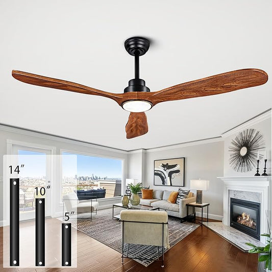 Ceiling Fans with Lights and Remote,60 Inch Unique Wood Ceiling Fan with Noiseless Reversible DC Motor,3 Blades,3 Downrods, for Farmhouse,Patio Living Room,Bedroom,Office,Indoor Outdoor(Black+Walnut)