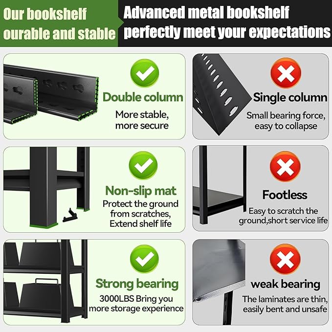 Book Shelf Industrial 4-Tier Bookshelfs Black, Adjustable Wide Storage, Easy to Assemble for Office (44" H * 39.3" W * 13.7" D)