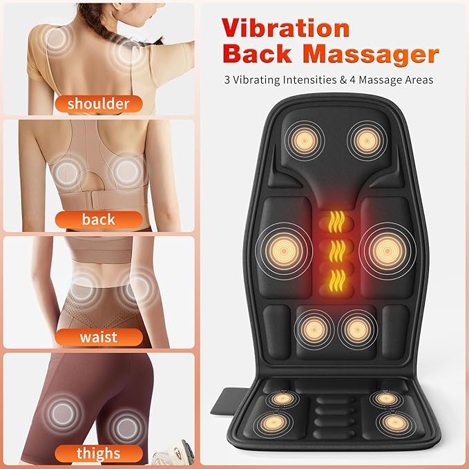 Back Massager with Heat for Pain Relief, Back Massage Chair Pad, Full Body Massage, Deep Tissue Vibration Massager with 2 Adapters, Office and Recliner