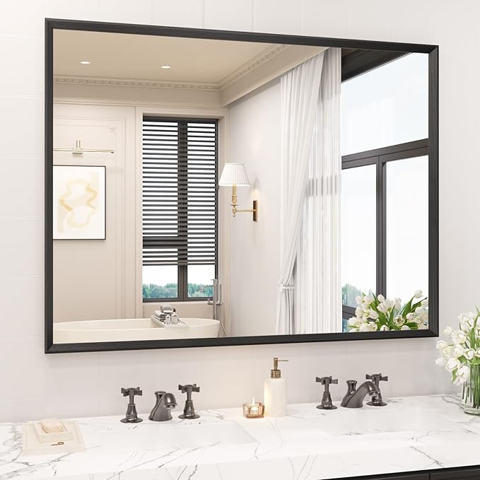 40x36 Inch Bathroom Mirror, Matte Black Framed Rectangle, 4MM Tempered Glass, Anti-Rust, Wall-Mounted Vanity Mirror for Bathroom &amp; Bedroom - Hangs Horizontally or Vertically