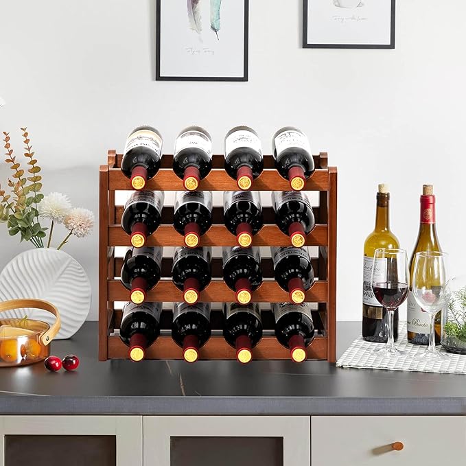 16 Bottle Wooden Wine Rack,4 Tier Free Standing Wine Storage Holder,Retro Minimalist Style Home Decorations Wine Display Shelves for Cabinet,Cupboard,Countertop