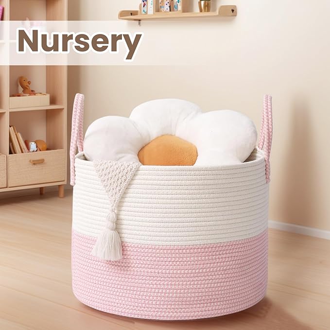 Woven Blanket Basket,65L Large Rope Storage Bin with Handles, Organizer for Blankets Toys Book and Clothes, Laundry Basket for Living Room Bedroom Nursery,White&amp;Pink