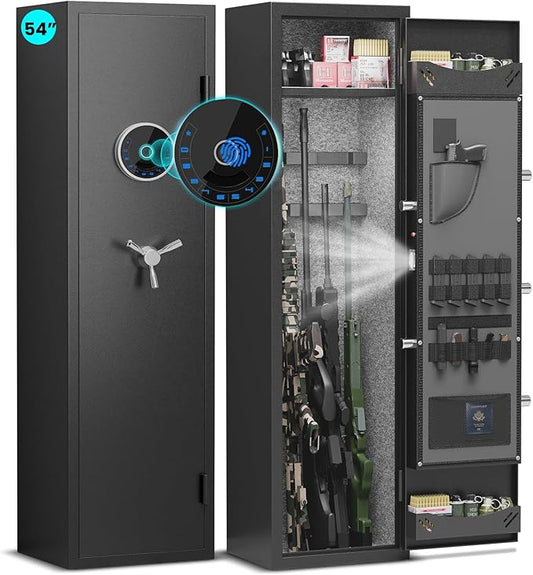 7-10 Gun Safe, Biometric Rifle Safe, 54" Long Gun Cabinet for Rifles and Pistols, Quick Access Gun Cabinet for Rifles and Shotguns with Backlit Keypad, Dual Alarm System and 3 Gun Racks