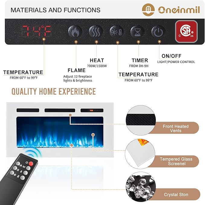 oneinmil Fireplace TV Stand with 36” Electric Fireplace, 70” TV Console Stand for TVs Up to 80", LED Light Entertainment Center, Fireplace for The Living Room TV Stand, Set of Table, Black