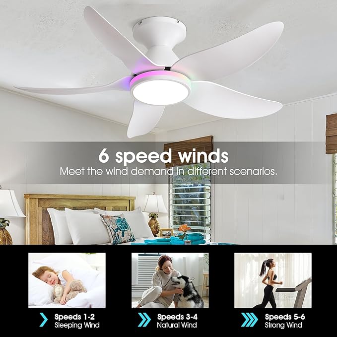 Ceiling Fans with Lights Remote/APP Control, 38" Low Profile Ceiling Fans with Dimmable White Colors+Ring RGB Lights, 6 Speeds 5 Reversible Blades for Kids Room Bedroom Living Room, White