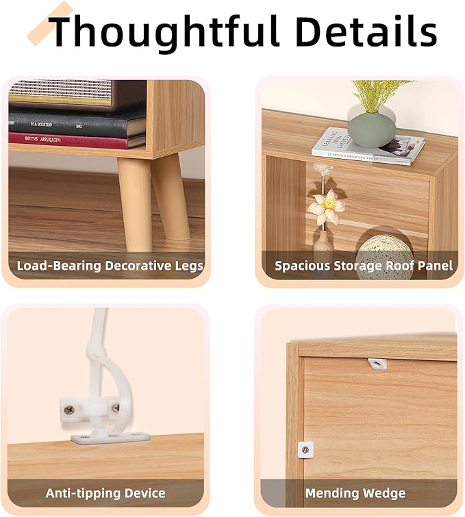 LEYAOYAO 10 Cube Bookshelf,3 Tier Modern Wide Bookcase with Legs,Mid-Century Wood Bookshelfs Storage,Natural Large Book Case,Freestanding Organizer Display Shelf for Bedroom,Living Room,Office