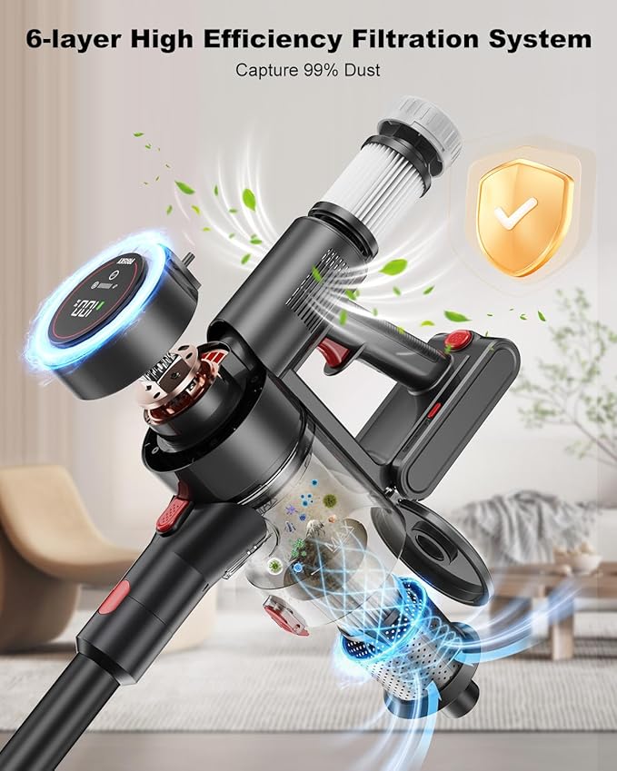 Cordless Vacuum Cleaner, 6-in-1 Lightweight Stick Vacuum with 45mins Runtime, LED Display &amp; Light, Self-Standing, Rechargeable Cordless Vacuum for Carpet, Tile, Pet Hair, Hardwood Floors (Gray)