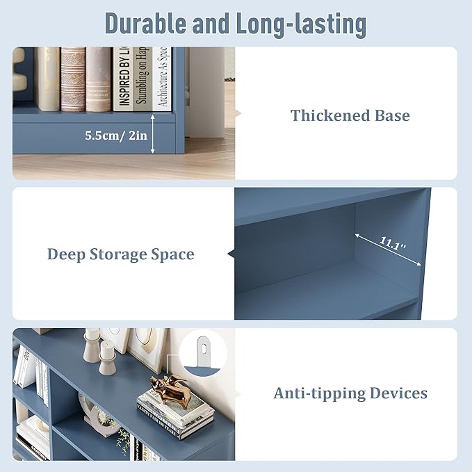 Bookshelf and Bookcase, 6-Tier Double Wide Bookshelfs, Freestanding Display Storage Shelves, Tall Bookcases for Home Decor Bedroom, Living Room, Home Office, Blue