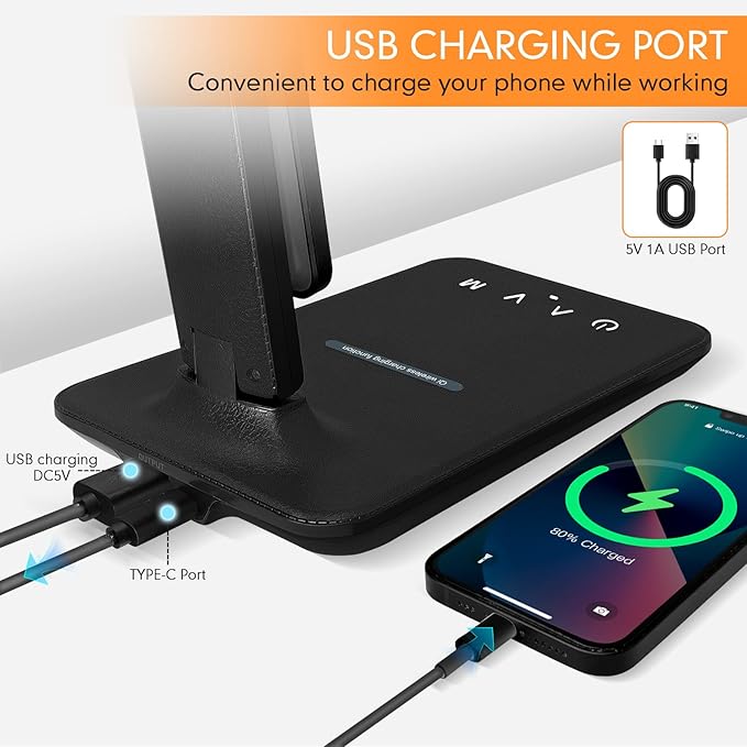 White crown LED Desk Lamp with 15W Wireless Charger &amp; USB Port, Dimmable Table Lamp with 5 Lighting Modes, Sensitive Touch Control, Foldable &amp; Portable Desk Light for Home, Office, Bedroom, Reading
