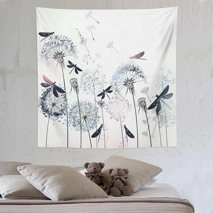 Kurtect Dandelion Tapestry,Rustic Dragonfly Teal Blue Floral Theme Pattern Print Tapestries for Living Room Party Beach Picnic Blankets Tablecloths Wall Decor, 60x60 in