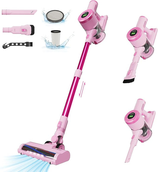 Cordless Stick Vacuum Cleaner, 30KPa Handheld Rechargeable Battery Lightweight Small Pink Vac Electirc Broom, 40Mins Runtime for Home Hard Floor Carpet Pet Hair Cleaning, LED Screen