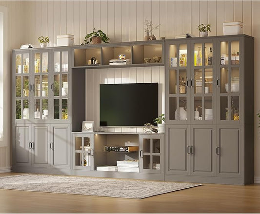 MEISSALIVVE 4-Piece Wall Unit TV Stand with Storage & LED Lights for TVs up to 75", Modern Entertainment Center with Bookshelves & 6-Door Pantry Cabinet, Gray