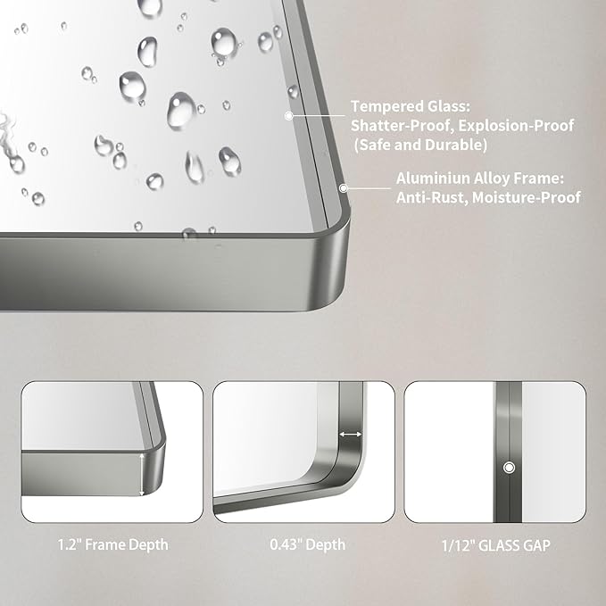 LOAAO 72X32 Inch Brushed Nickel Bathroom Mirror, Rounded Rectangle Silver Metal Frame Mirror, Brushed Nickel, Anti-Rust, Shatter Proof, Hangs Horizontally or Vertically