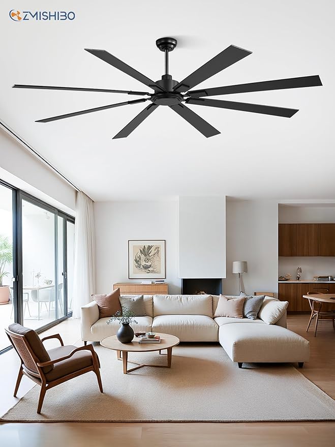 ZMISHIBO 80 Inch Ceiling Fan No Light with Remote Control, 8 Blades Quiet DC Reversible Motor, 6-Speed, Timer, Black Finish, Indoor Outdoor Ceiling Fans for Patios, Living Room, Garage