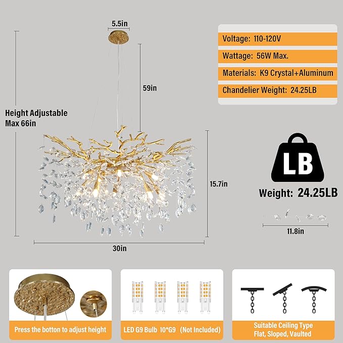 YUYI Modern Crystal Chandelier, 30" Gold Tree Branch Chandelier, 10-Light Round Chandeliers for Dining Room, Living Room, Kitchen, Foyer, Entryway, Bedroom, Luxury K9 Crystal Raindrop Light Fixture