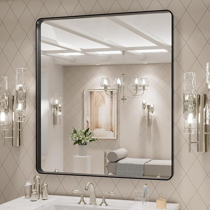 LOAAO 32x36 Inch Black Metal Framed Bathroom Mirror for Wall, Matte Black Bathroom Vanity Mirror Farmhouse, Large Rounded Rectangle Mirror, Anti-Rust, Tempered Glass, Hangs Horizontally or Vertically