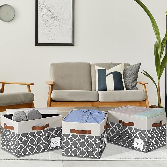 GhvyenntteS Large Fabric Storage Bins with Lids (6 Pack), Foldable Decorative Storage Boxes with Lids and 3 Handles, Sturdy Storage Baskets with Label Window for Home Office (White&amp;Lattice Gray)