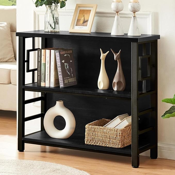 HOMISSUE Book Shelf, 3 Tier Deep Bookshelf with Storage, Engineered Wood and Metal Shelf Bookcase, Low Short Bookcases for Small Space, Living Room, Bedroom, Office, Black