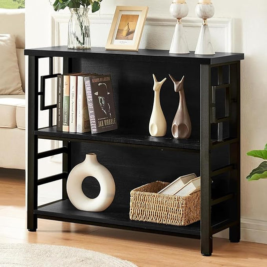 HOMISSUE Book Shelf, 3 Tier Deep Bookshelf with Storage, Engineered Wood and Metal Shelf Bookcase, Low Short Bookcases for Small Space, Living Room, Bedroom, Office, Black
