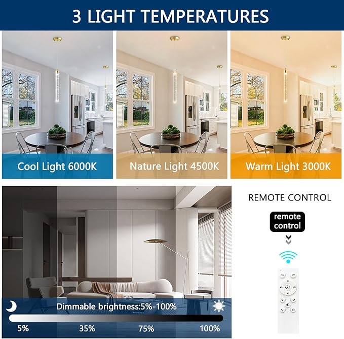 1-Light Modern Crystal Chandeliers LED Dimmable Pendant Lighting for Kitchen Island Dining Room Hallway