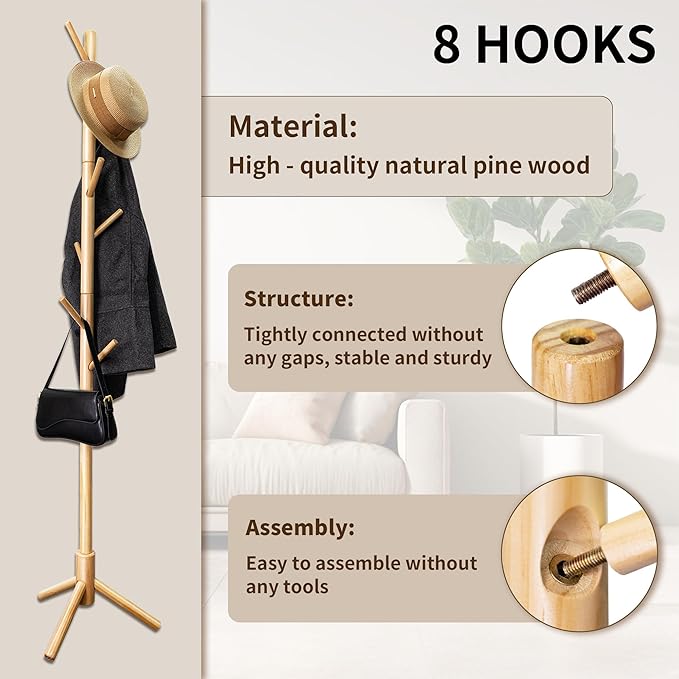 VaeFae Bamboo Coat Rack Stand, Free Standing Hall Tree with 8 Hooks (Natural)