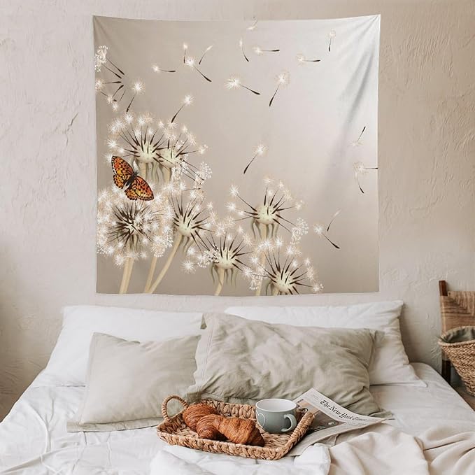 Nature Tapestry,Floral Dandelion Flying Butterfly Flower Plant Theme Print Tapestries for Living Room Party Beach Picnic Blankets Tablecloths Wall Decor, 60x60 in