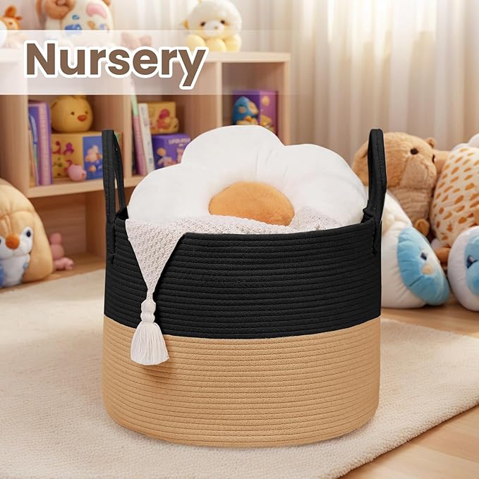 Woven Blanket Basket,65L Large Rope Storage Bin with Handles, Organizer for Blankets Toys Book and Clothes, Laundry Basket for Living Room Bedroom Nursery,Black&amp;Jute