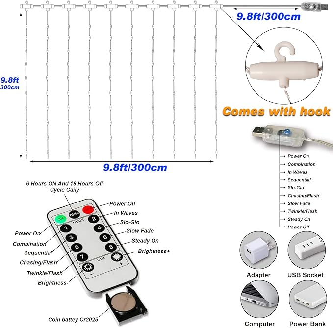 Honche 300Led Cuttable Curtain String Lights 10x10ft with Remote Window Lights for Bedroom Wedding Party Festive Season Propose Marriage (Rainbow 7 Colors)