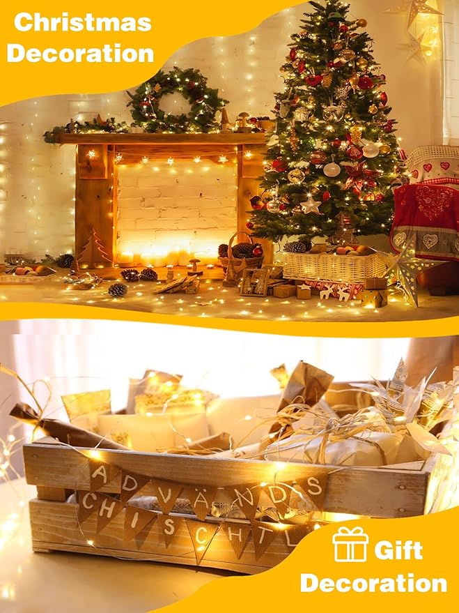 2 Pack 100LED Battery Operated Fairy Lights with Remote, 8 Modes LED String Lights with Timer, Dimmable, Memory Function, Waterproof Twinkle Lights for Outdoor Indoor Christmas Decor(Warm White)