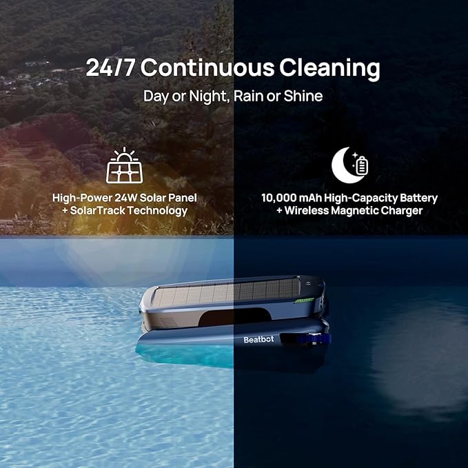 (2025 Upgrade) Beatbot iSkim Ultra 24/7 Cleaning Solar Powered Pool Skimmer with Water Clarification System & APP Control, Voice Broadcast, Dual Charging Options, Edge & Corner Cleaning, Blue