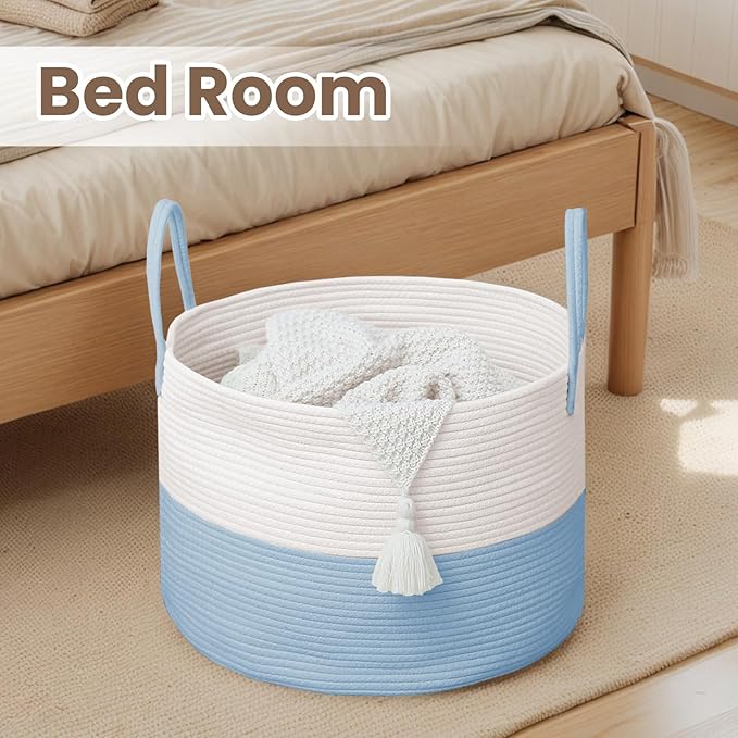 Woven Blanket Basket,115L Large Rope Storage Bin with Handles, Organizer for Blankets Toys Book and Clothes, Laundry Basket for Living Room Bedroom Nursery,White&amp;Blue