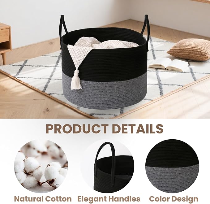 Woven Blanket Basket,65L Large Rope Storage Bin with Handles, Organizer for Blankets Toys Book and Clothes, Laundry Basket for Living Room Bedroom Nursery,Black&amp;Grey