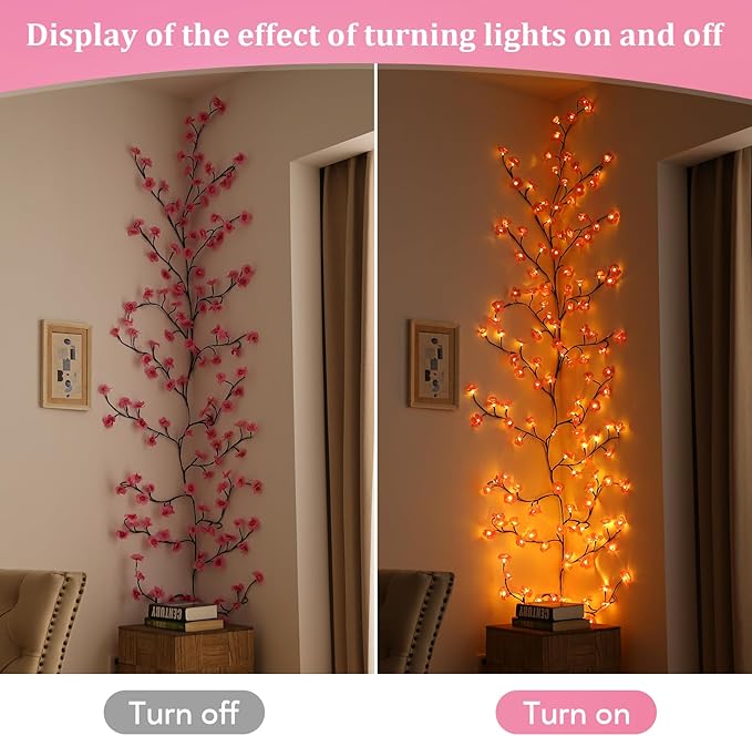 Cherry Blossom Lights with Remote, 7.5 Ft 144 Flowers Enchanted Willow Vine Lights, 18 Branches 144 LEDs Lighted Willow Vine Tree Lights for Walls Bedroom Home Room Decor, Brown Branch